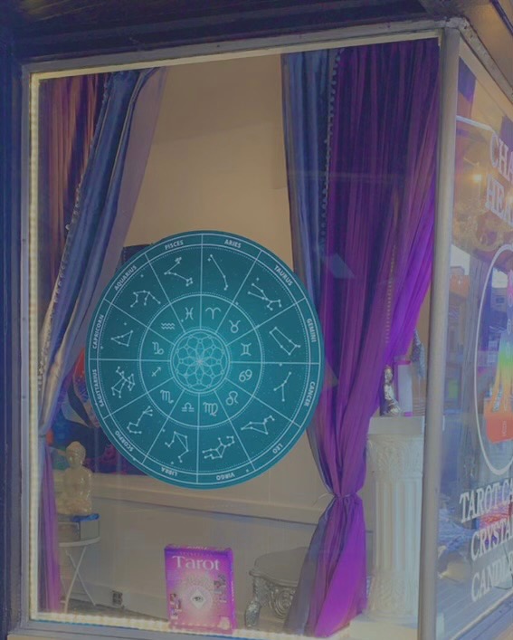 Zodiac wheel display in the shoppe window on Detroit Ave
